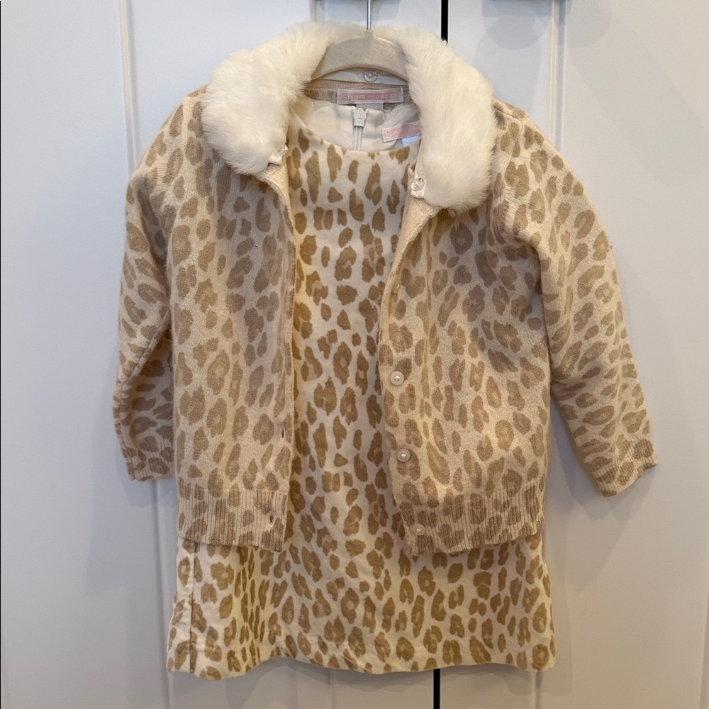 Janie and Jack Tan Leopard Print Velvet dress & matching Faux Fur cardigan
